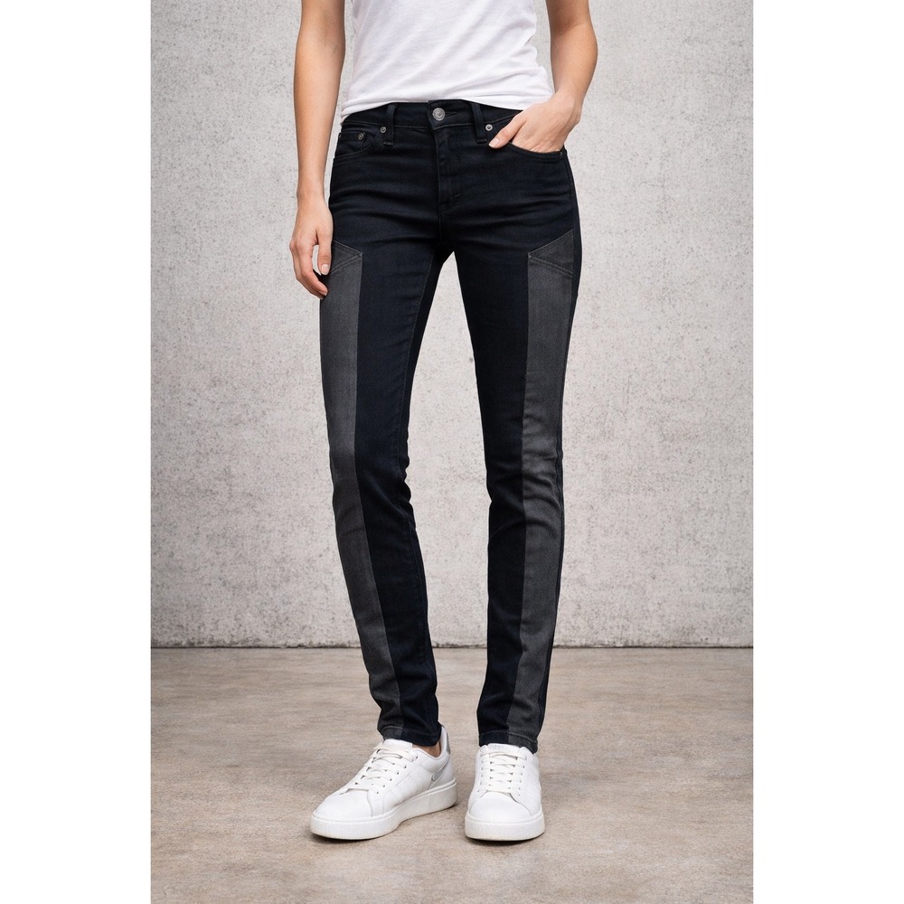 Rag & Bone Midnight Tuxedo Stripe Skinny Jeans Lamb Leather Trim Size 24